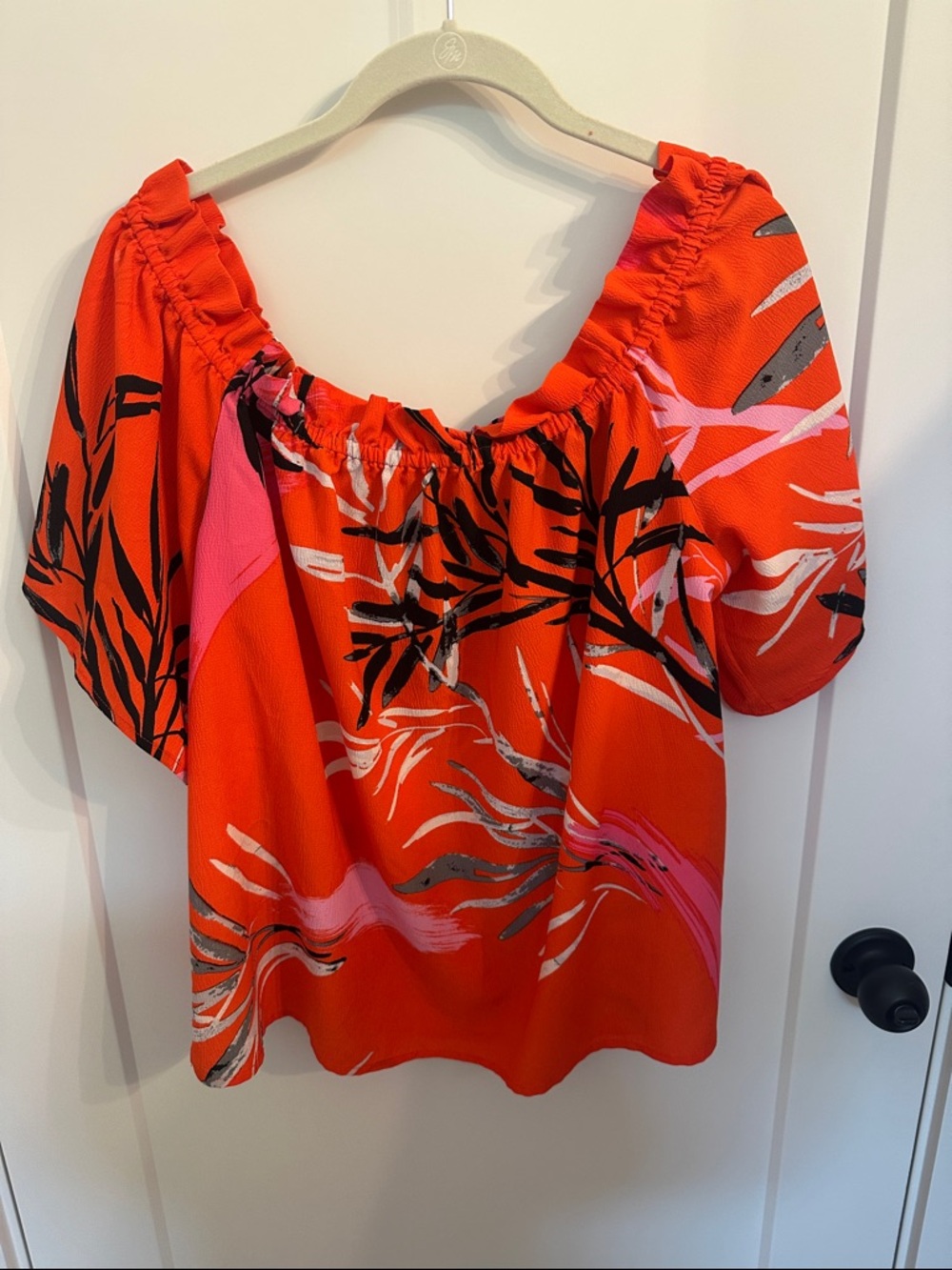 Natori Bright Orange Off-Shoulder Floral Print Blouse